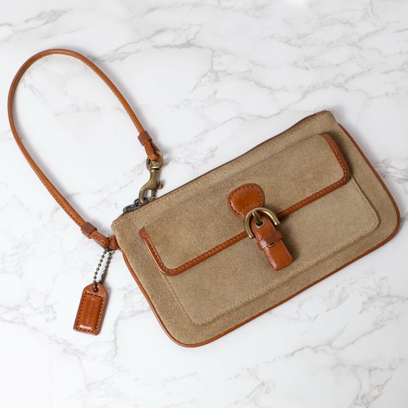 Coach Handbags - Coach Tan Suede Tan Leather Wristlet